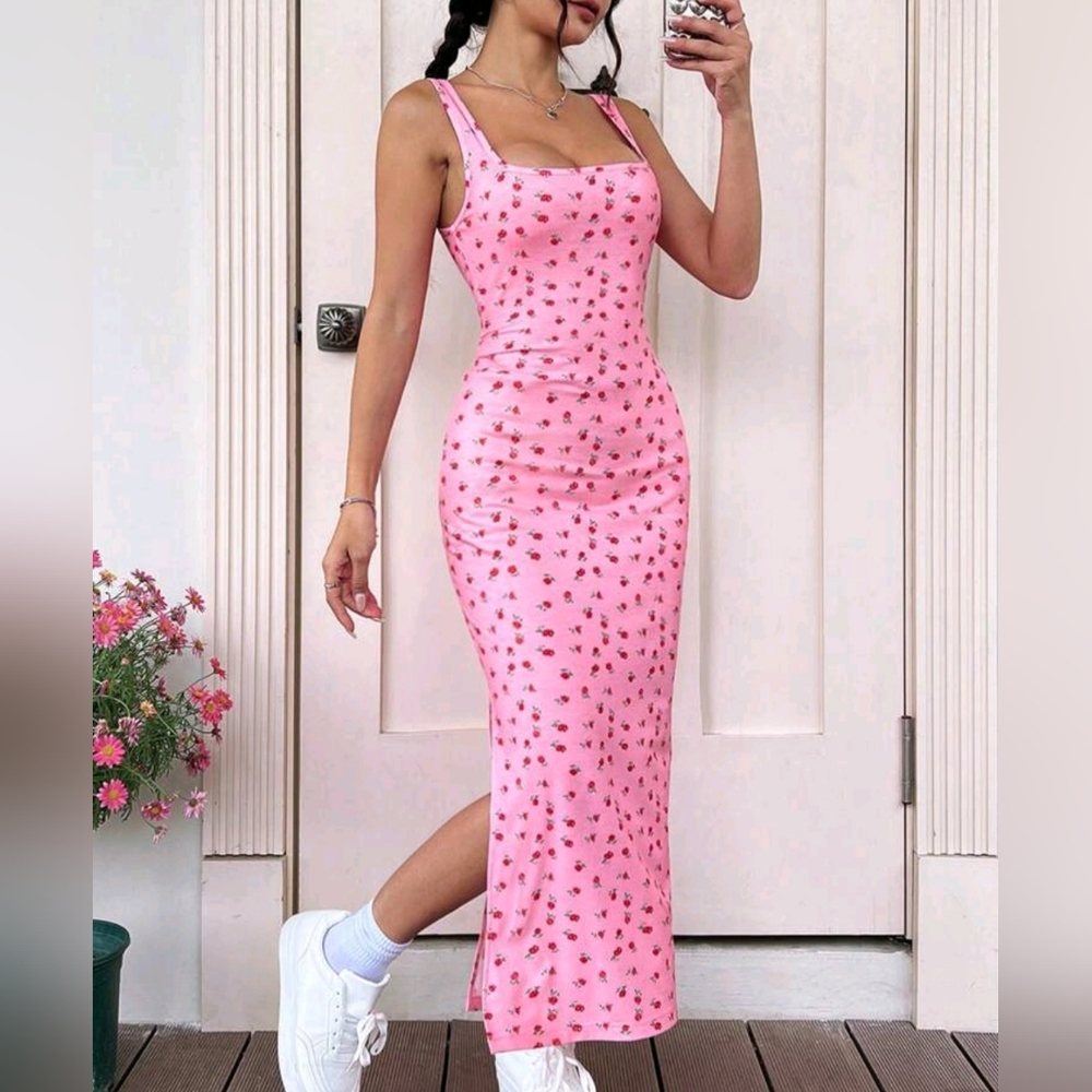 Casual Pink Floral Dress With Slit